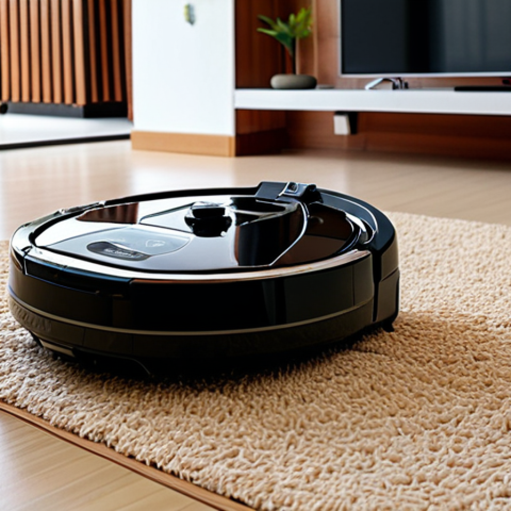 **A modern Thai home interior where a robotic vacuum cleaner is diligently cleaning dust, emphasizing convenience and a clean living space. The robotic vacuum should be the focal point.**